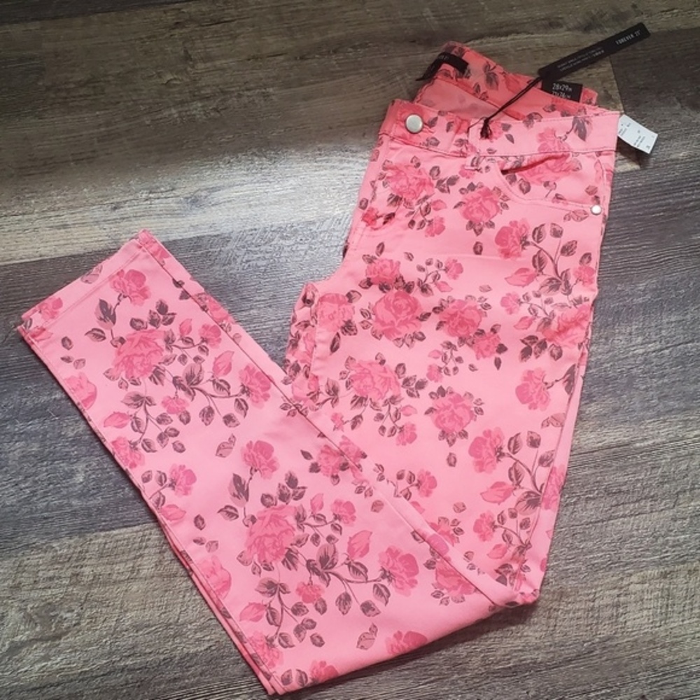Forever 21 Skinny Ankle Jeans Neon Pink Floral Size 28